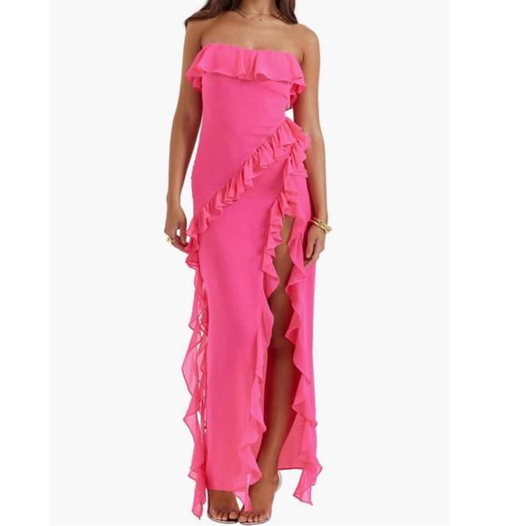 NWT HOUSE OF CB Sarina Ruffle Strapless Maxi Dress Size:L MSRP:$239 - Picture 6 of 11